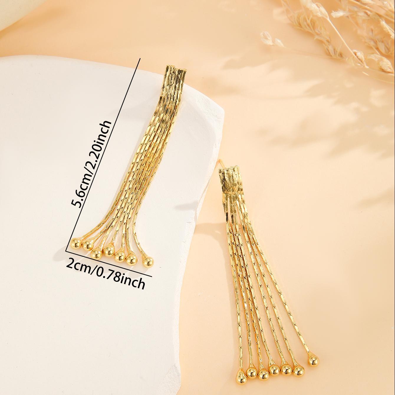 2pcs Fashionable Modern Metal Thin Chain Earrings, Gold Bead Tassel Earrings