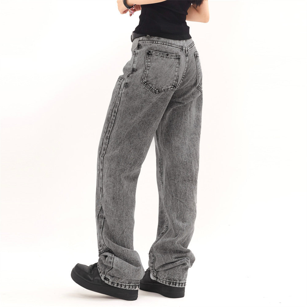 Heavy Industry Washed And Worn Denim Cargo Pants Retro Loose Wide Leg Straight Mop Trousers