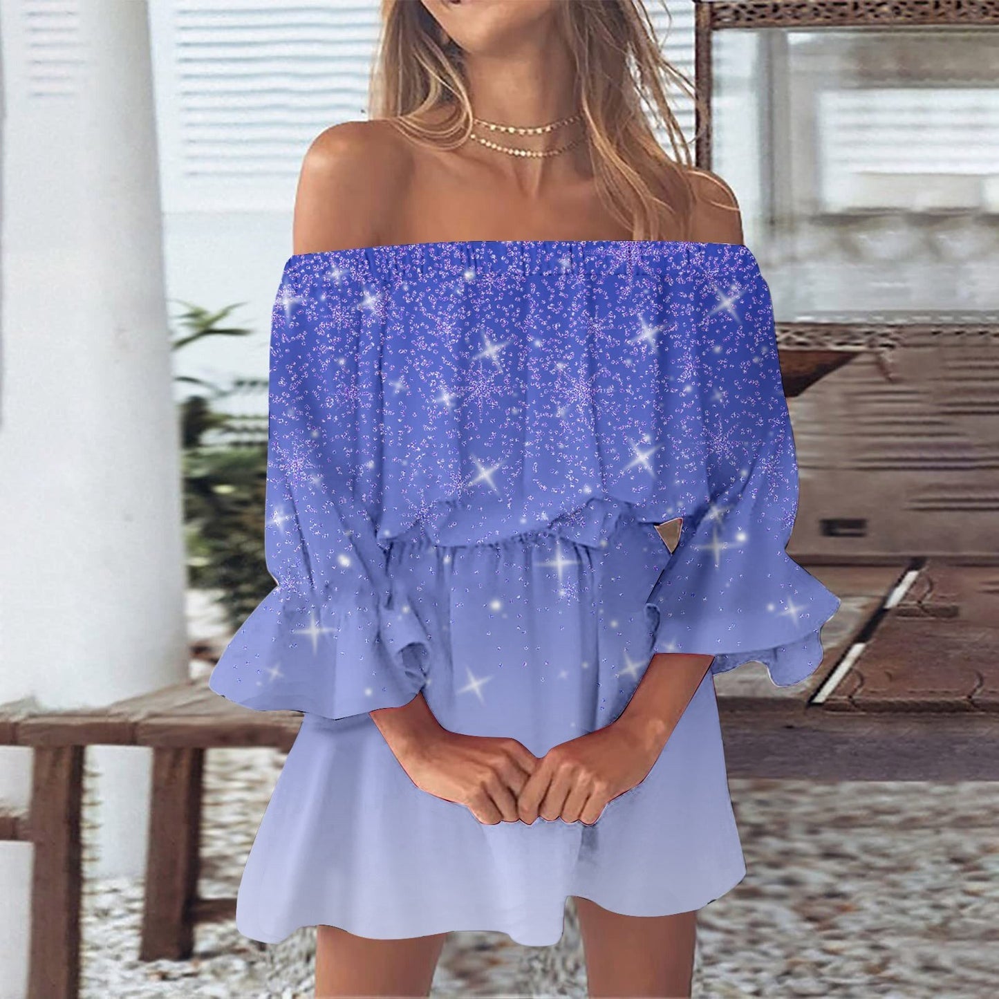 Women's One-word Shoulder Flared Sleeve Printed Dress