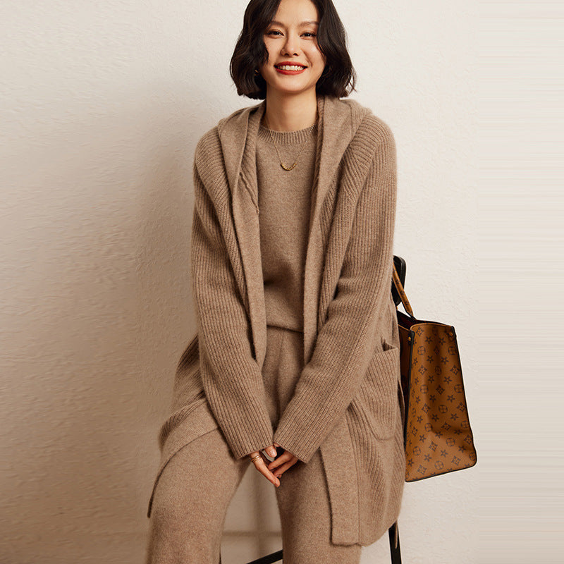 Cashmere Autumn And Winter Loose Hooded Double-sided Fashion Casual Knitted Cardigan Coat Coat