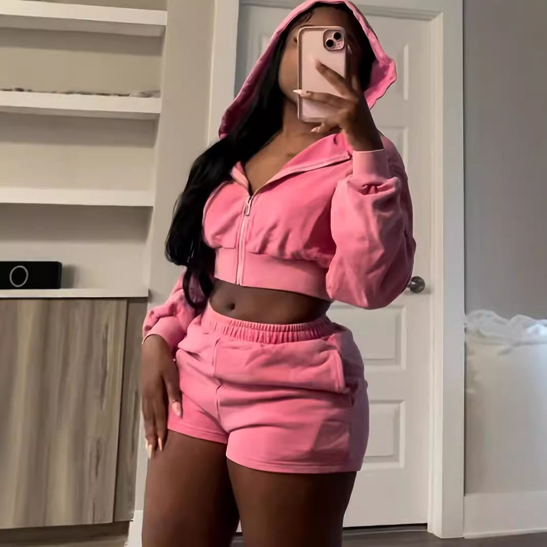 Autumn And Winter Zipper Hooded Long Sleeve Shorts Sweater Suit