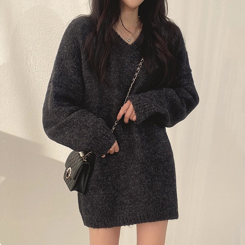 Wind V-neck Soft Glutinous Loose Small Knitted Dress Sweater