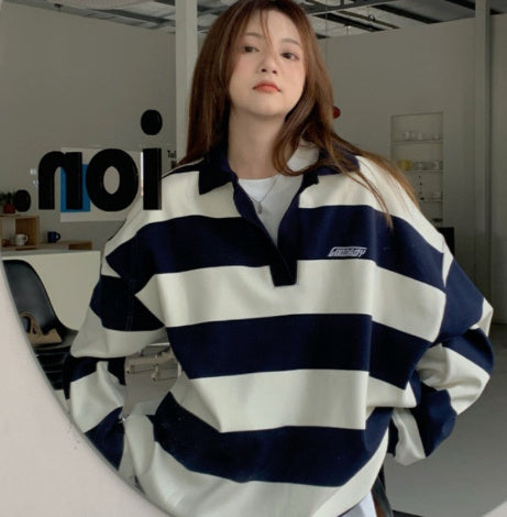 Striped Long-sleeved T-shirt For Women Loose Lapels