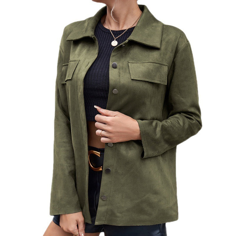 Casual Simple Single-breasted Pocket Deerskin Velvet Long-sleeved Shirt Jacket Coat