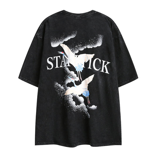 Men's Crane Print Short-sleeved T-shirt Behind