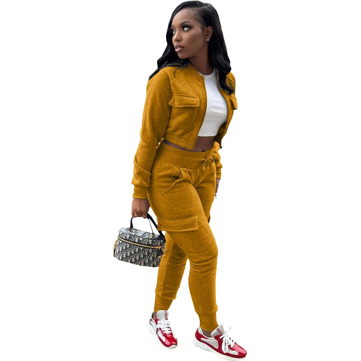 European And American Women's Clothing Thread Patchwork Sweater Fleece Work Pants Leisure Sports Two-piece Set