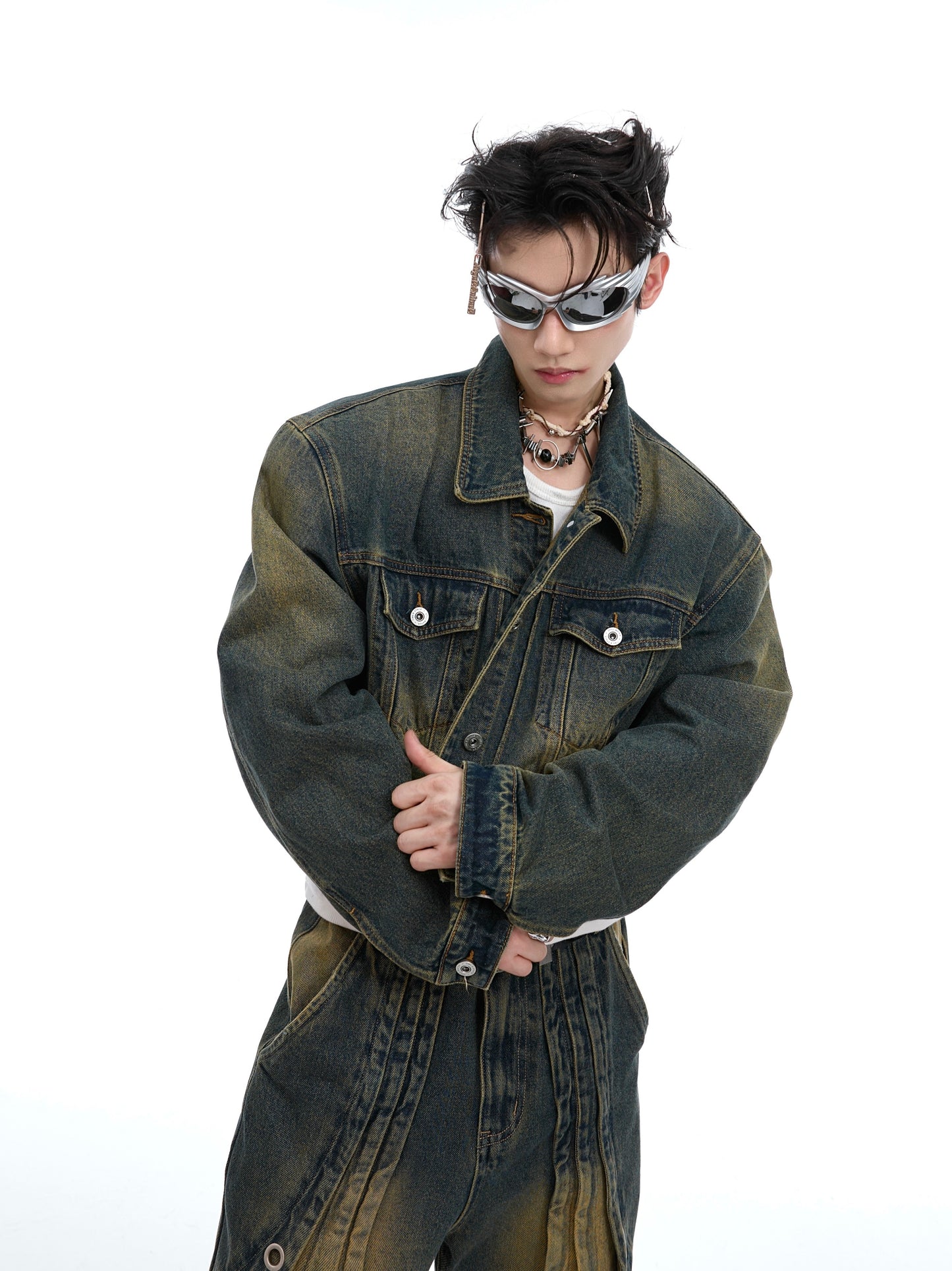 Distressed Gradient Short Denim Coat