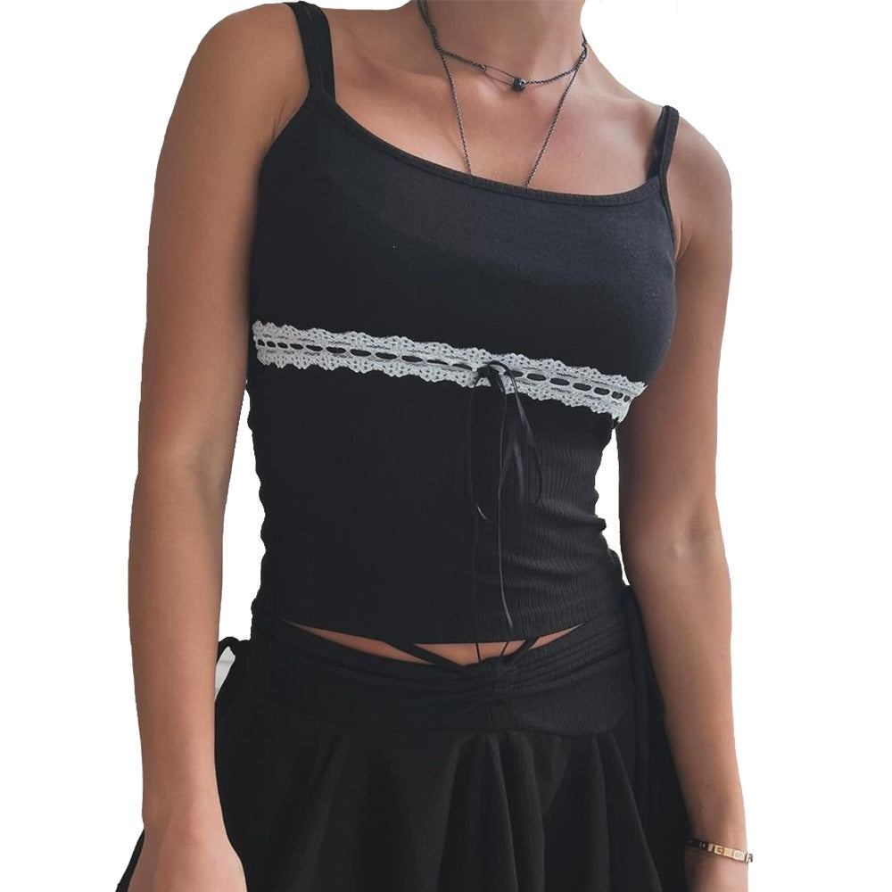 Color Contrast Patchwork Navel Lace-up European And American Strap Top