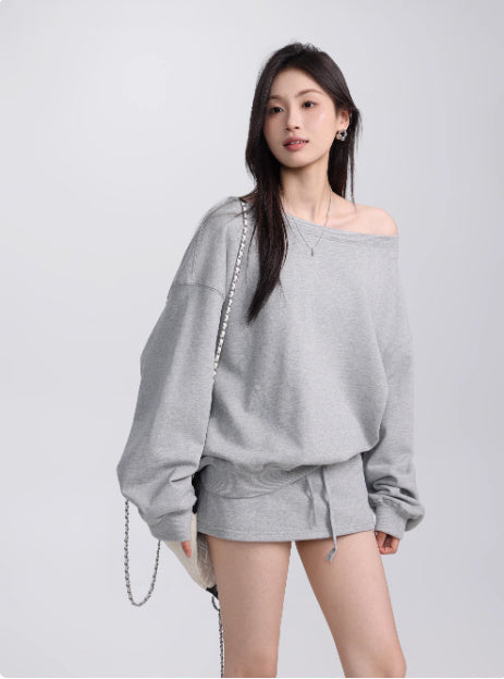 Early Autumn Slant Shoulder Long Sleeve Sweater Slimming Skirt Pants
