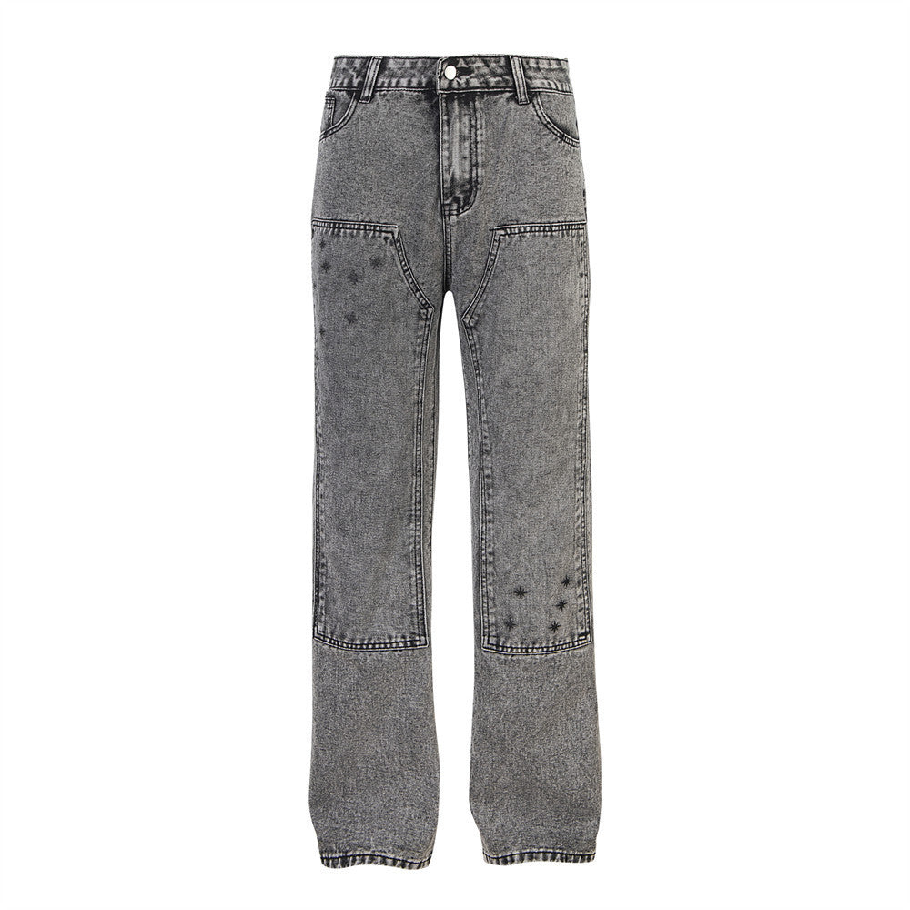Heavy Industry Washed And Worn Denim Cargo Pants Retro Loose Wide Leg Straight Mop Trousers