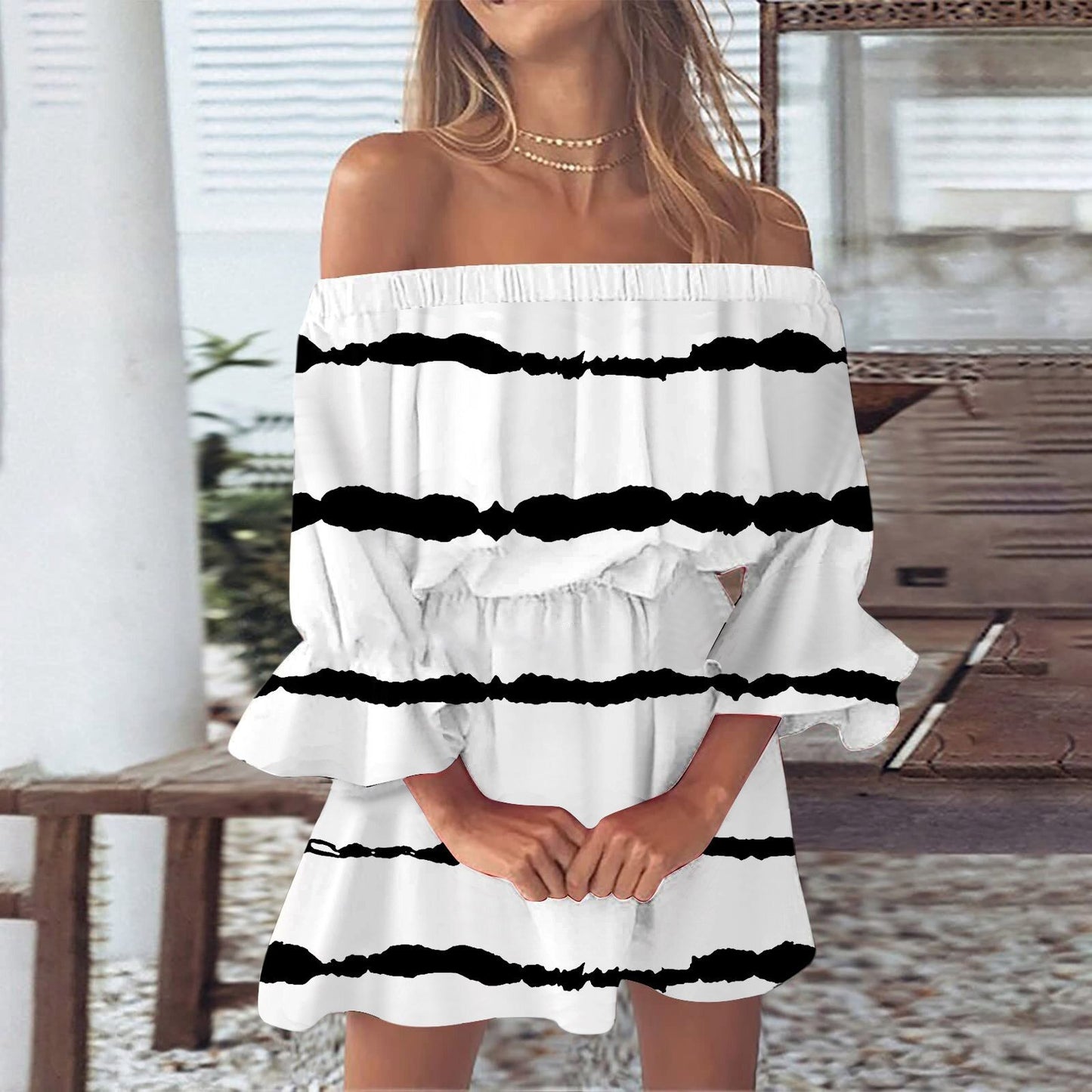 Women's One-word Shoulder Flared Sleeve Printed Dress