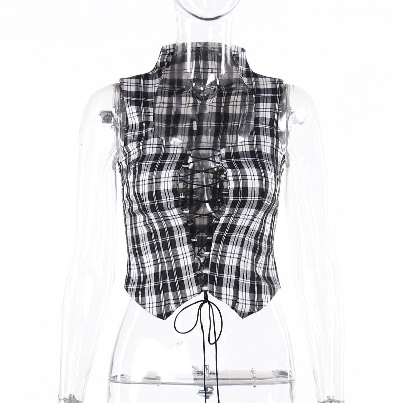 Street Style Trendy Slim-fit Plaid Stand-collar Hollow-out Lace-up Cinched Waist Waistcoat Top For Women