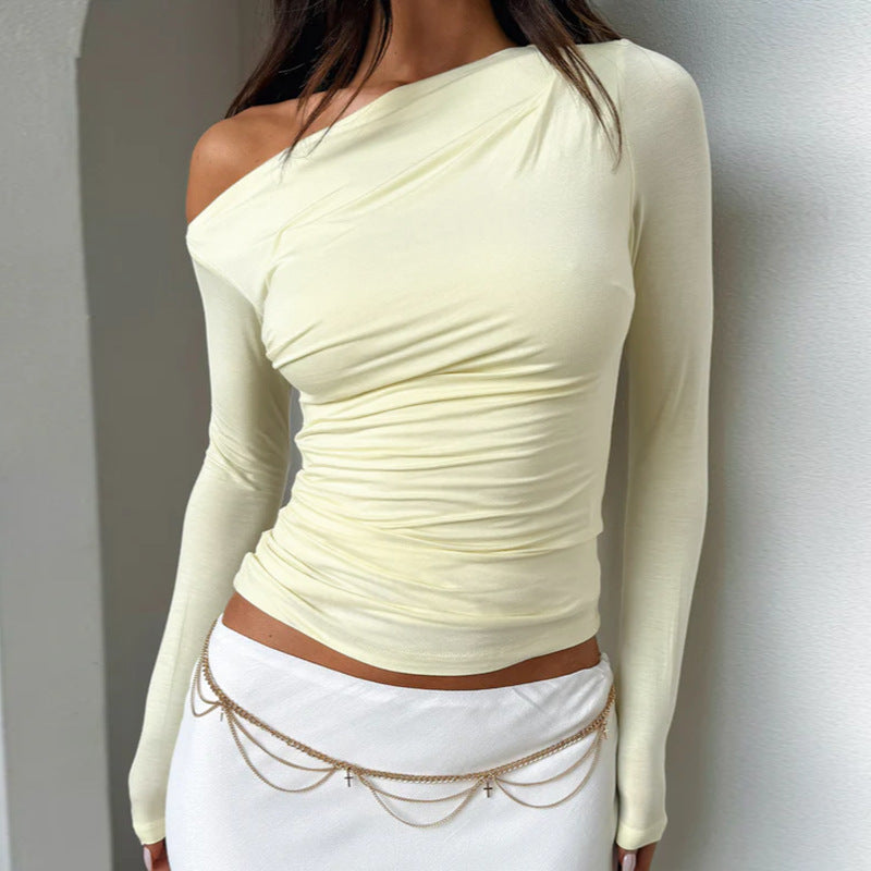 Casual Temperament Wild Slant Shoulder Slim Long Sleeve Top