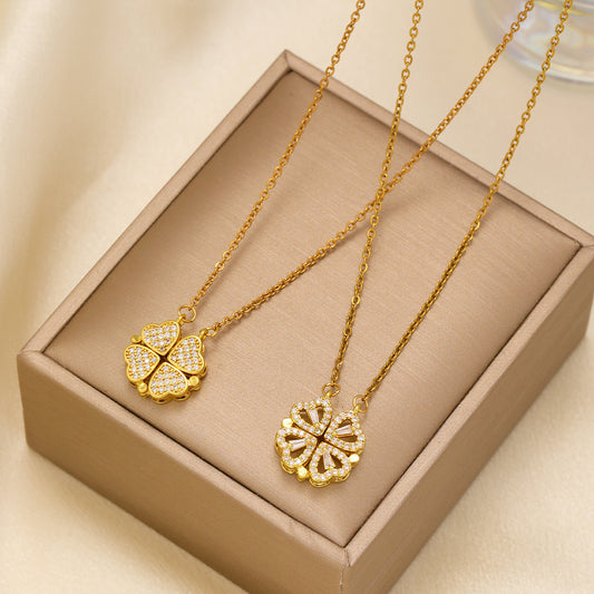 1pcs Fashionable Zircon Heart-shaped Necklace With A Magnetic Folding Four Leaf Heart-shaped Connection