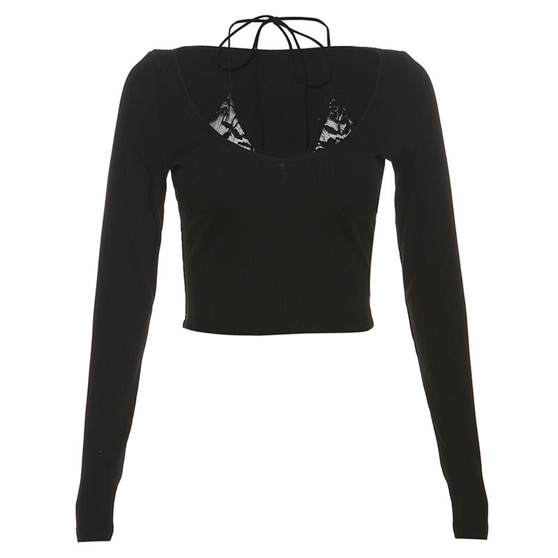 European And American Halter Spaghetti Straps Long Sleeved Fitted T-shirt