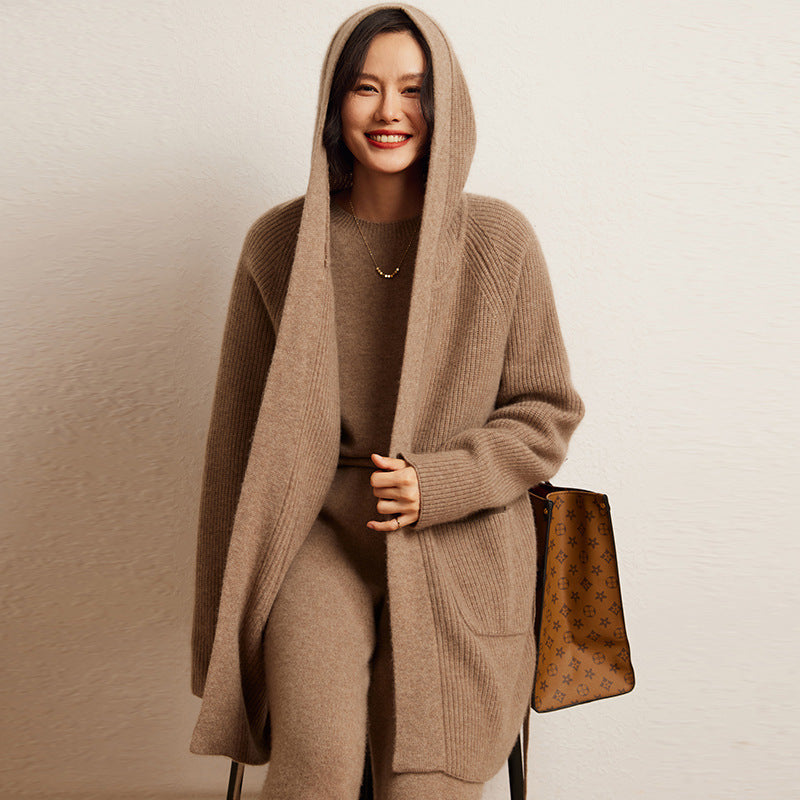 Cashmere Autumn And Winter Loose Hooded Double-sided Fashion Casual Knitted Cardigan Coat Coat