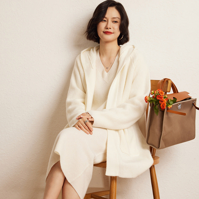 Cashmere Autumn And Winter Loose Hooded Double-sided Fashion Casual Knitted Cardigan Coat Coat