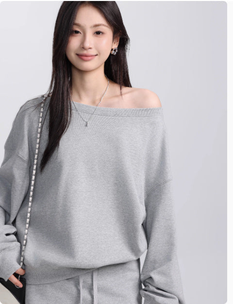 Early Autumn Slant Shoulder Long Sleeve Sweater Slimming Skirt Pants