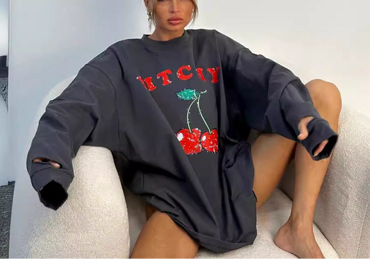 Cherry Printed Pullover Sweatshirt Women's Fashion Loose Casual Top
