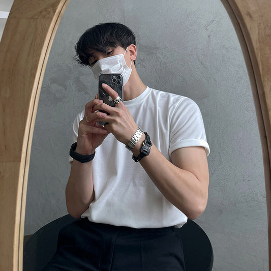Trendy Round Neck Cotton Casual All-match Solid Color Half Sleeve T-shirt Undershirt