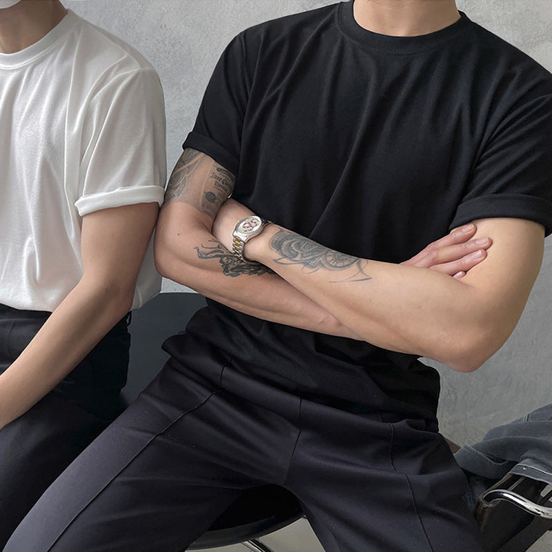 Trendy Round Neck Cotton Casual All-match Solid Color Half Sleeve T-shirt Undershirt