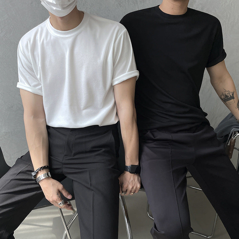 Trendy Round Neck Cotton Casual All-match Solid Color Half Sleeve T-shirt Undershirt
