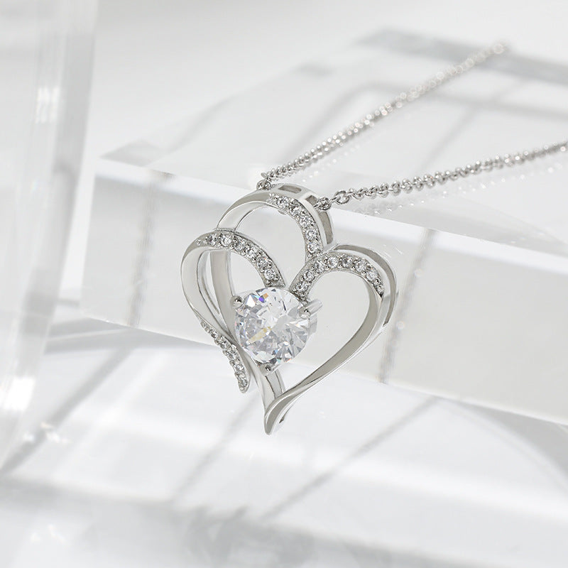 Zircon Double Love Necklace With Rhinestones Ins Personalized Heart-shaped Necklace Clavicle Chain