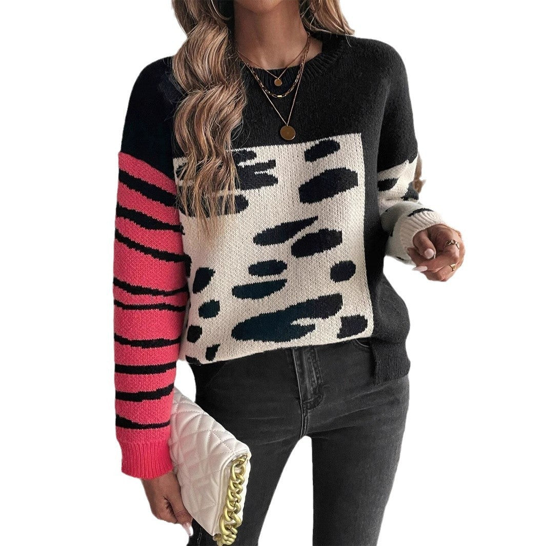 Threaded Round Neck Leopard Splicing Contrast Color Casual Sweater