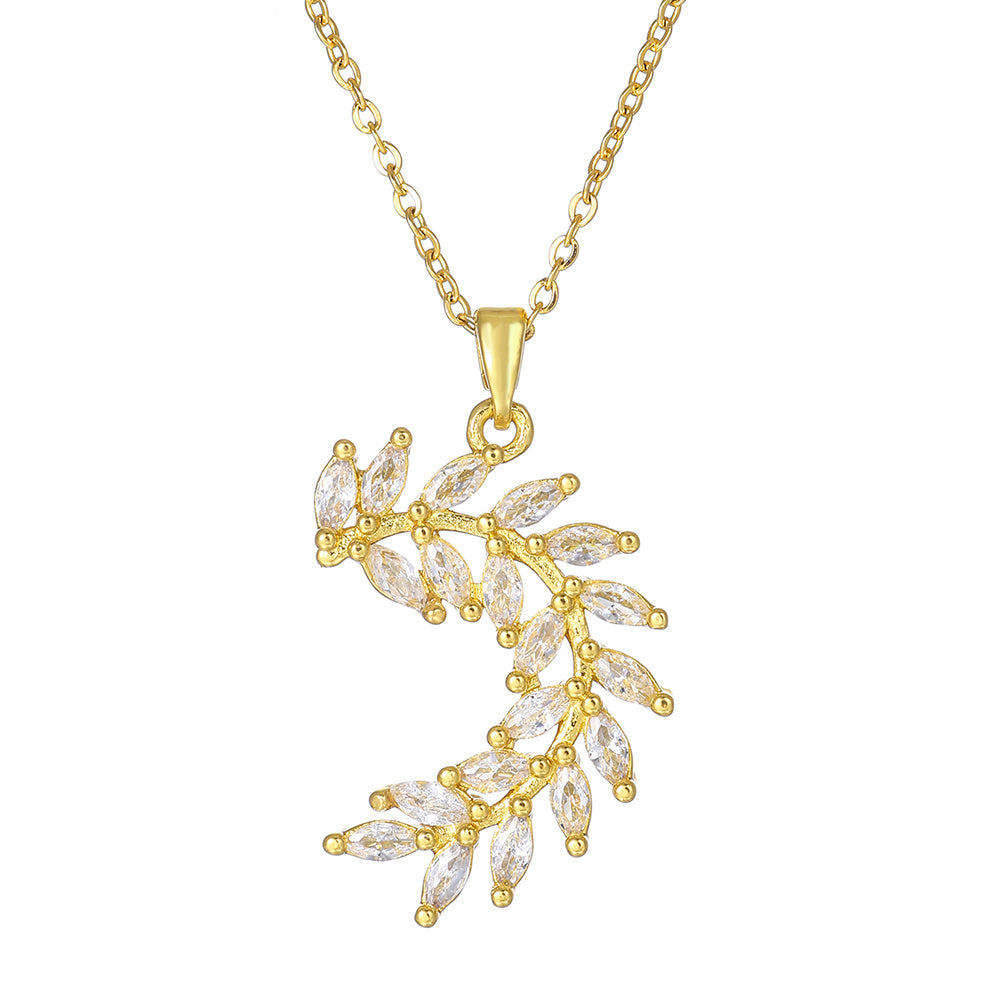 1pcsFashionable Sparkling Zircon Leaf Pendant Necklace, Imitation Diamond Wheat Ear Leaf Collarbone Chain