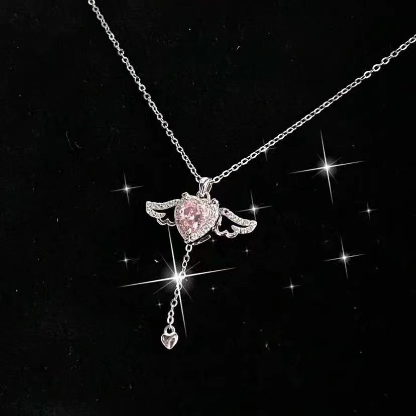 Moving Cupid Heart Angel Wings Tassel Necklace With Crystal