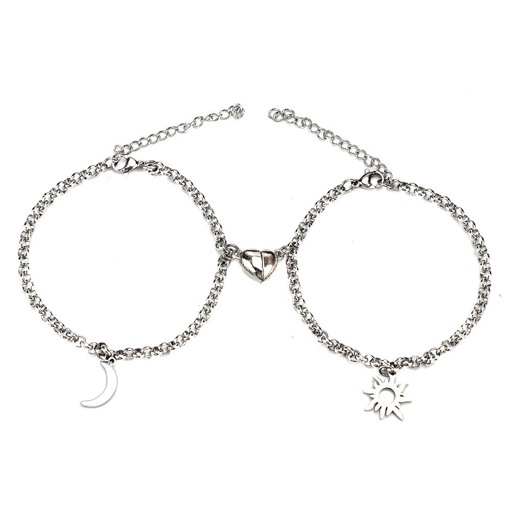 2Pcs Sun Moon Charm Magnet Attraction Stainless Steel Bracelets
