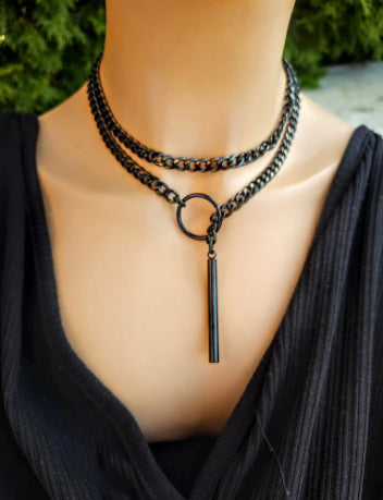 Stainless Steel Lariat Heart Necklace Personality Heavy Ring Cuban Long Chain Punk Rock Slipchain Choker Collar