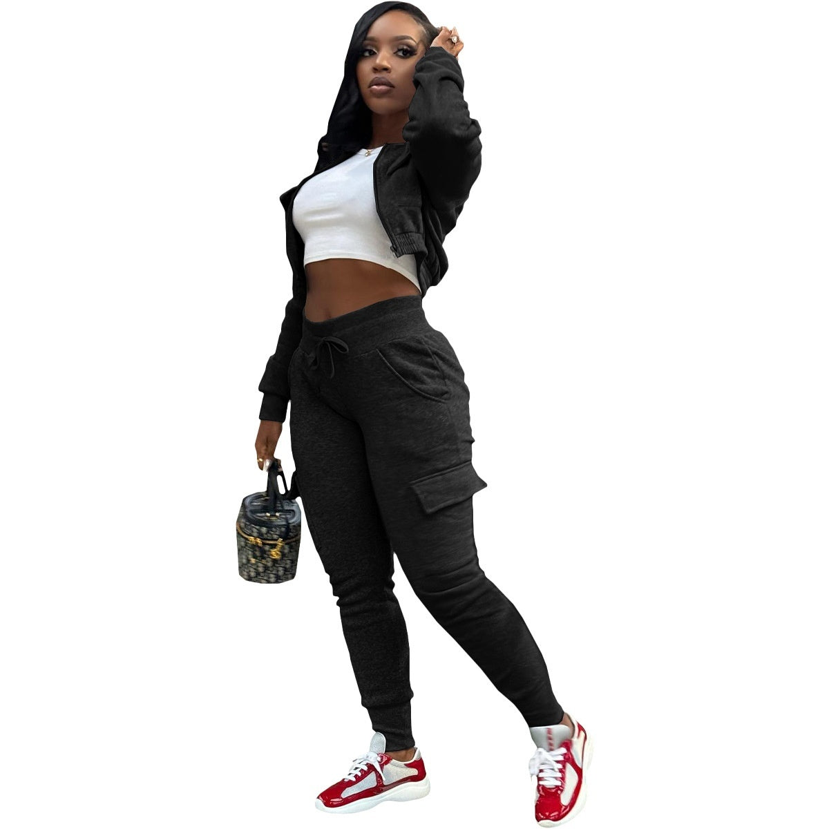 European And American Women's Clothing Thread Patchwork Sweater Fleece Work Pants Leisure Sports Two-piece Set
