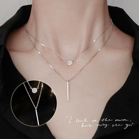 S925 Silver Color Double Chain Long Stick Micro Pave Zircon Round Pendant Necklaces