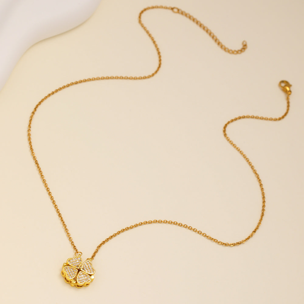 1pcs Fashionable Zircon Heart-shaped Necklace With A Magnetic Folding Four Leaf Heart-shaped Connection