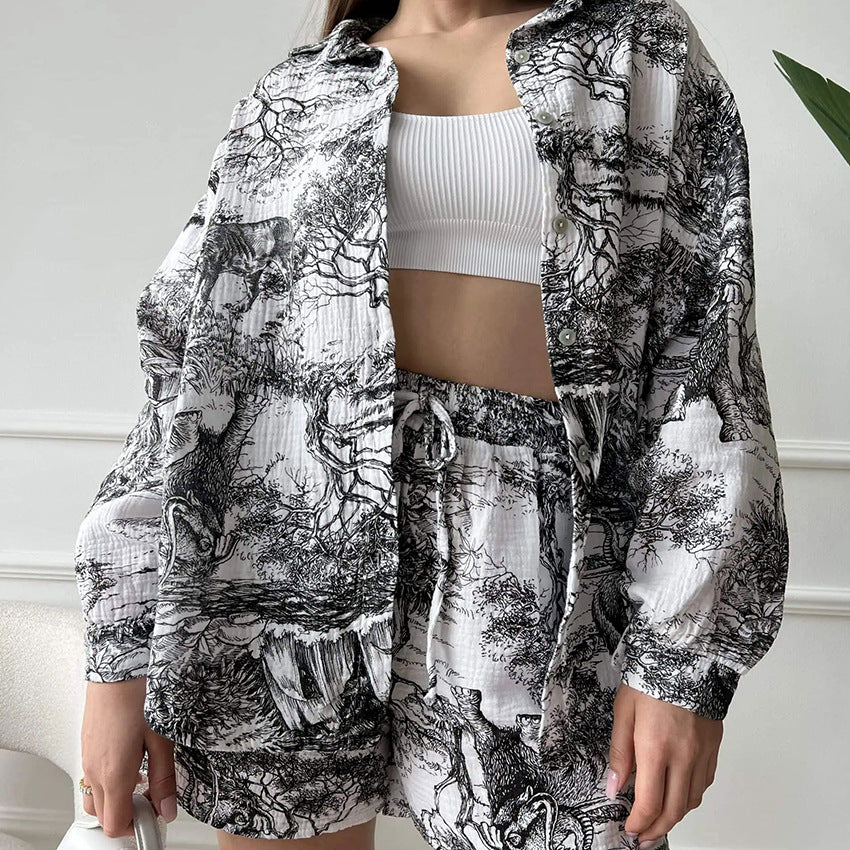 Fashion Printed Crepe Long Sleeve Shorts Two-piece Set