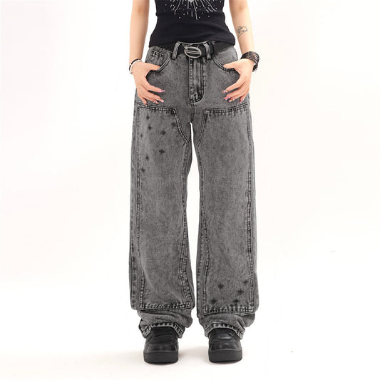 Heavy Industry Washed And Worn Denim Cargo Pants Retro Loose Wide Leg Straight Mop Trousers