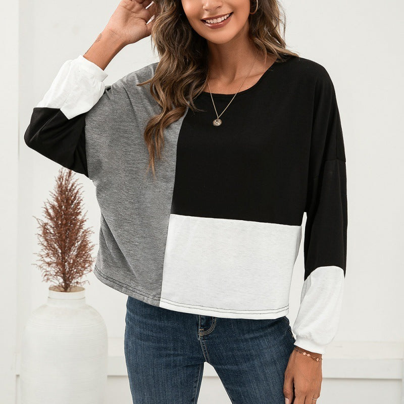 Casual Color Matching Round Neck Pullover Long Sleeve T-shirt