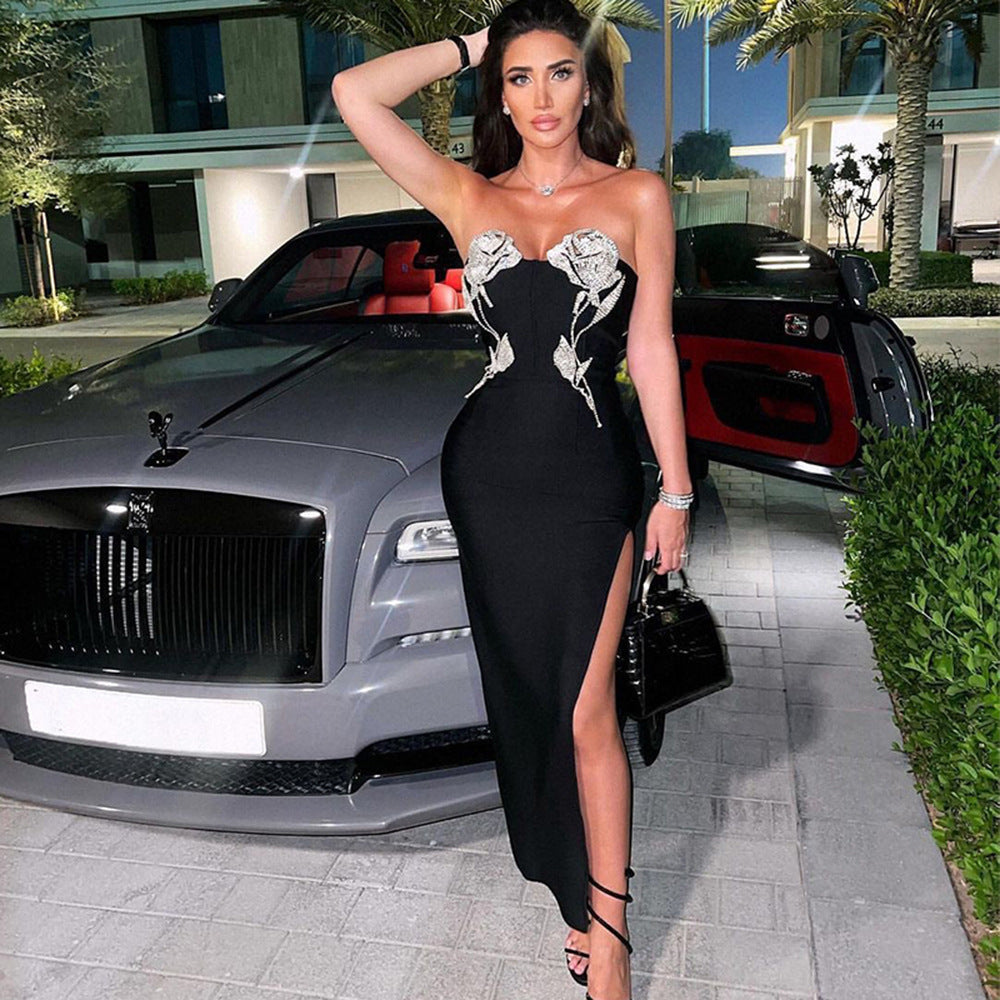 Euro-american Bandage Rose Diamond Spread Chest High Slit Party Dress