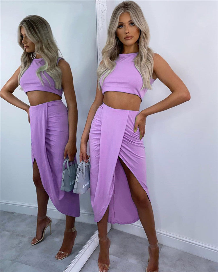 Two-piece Solid Color Short Vest Pleated Split Long Skirt