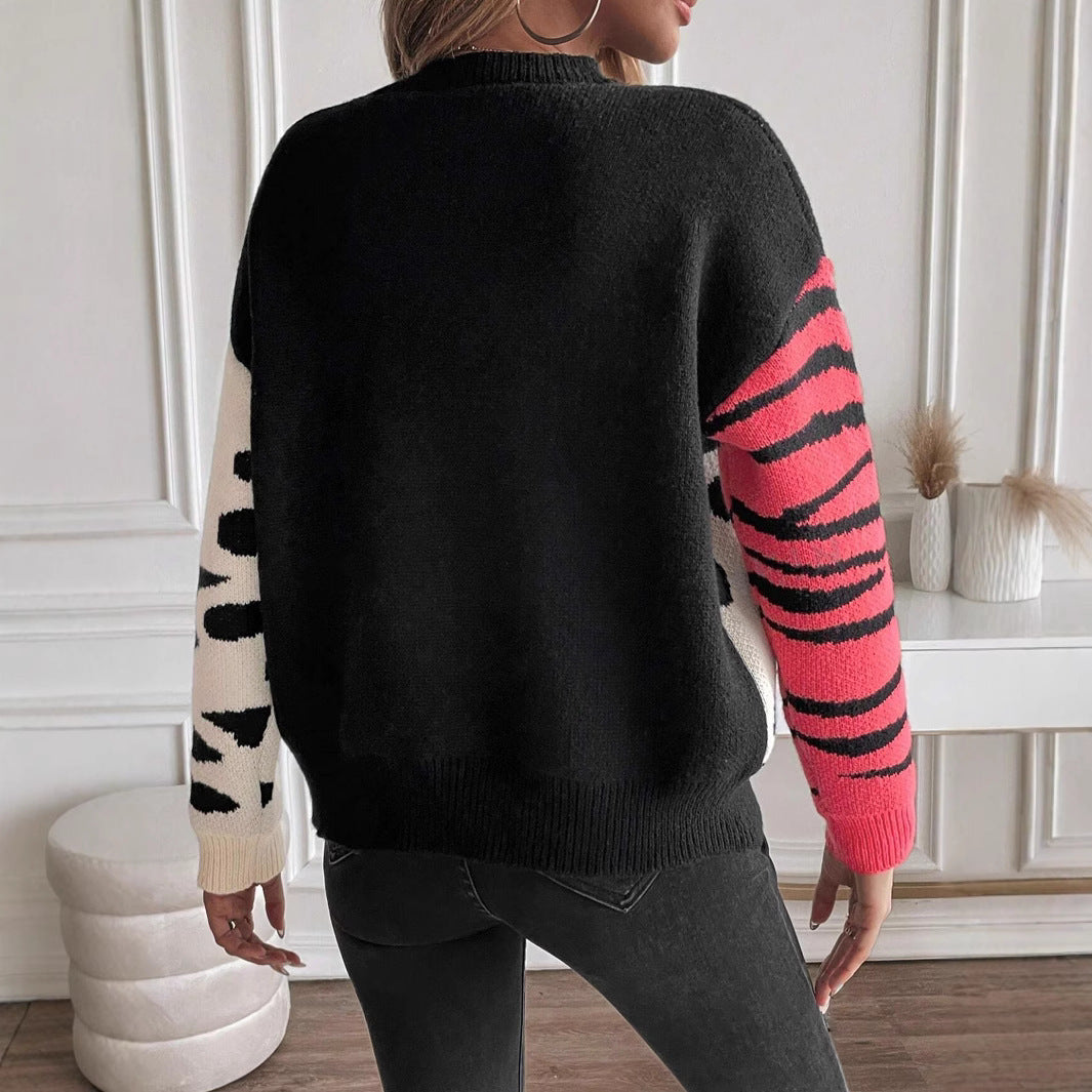 Threaded Round Neck Leopard Splicing Contrast Color Casual Sweater