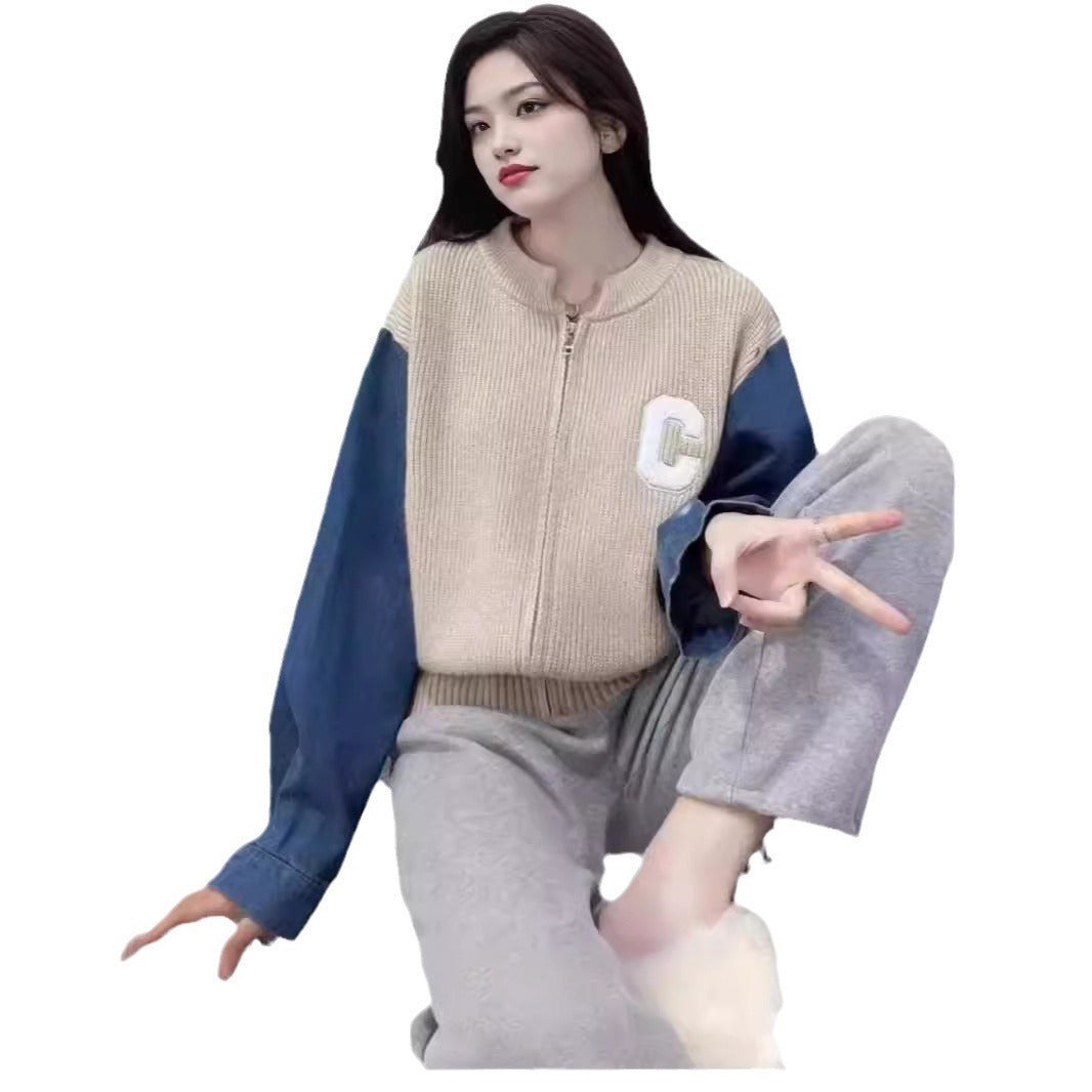 Women's Sweater Stitching Denim Autumnwinter Japanese And Korean New Loose Retro Style Coat