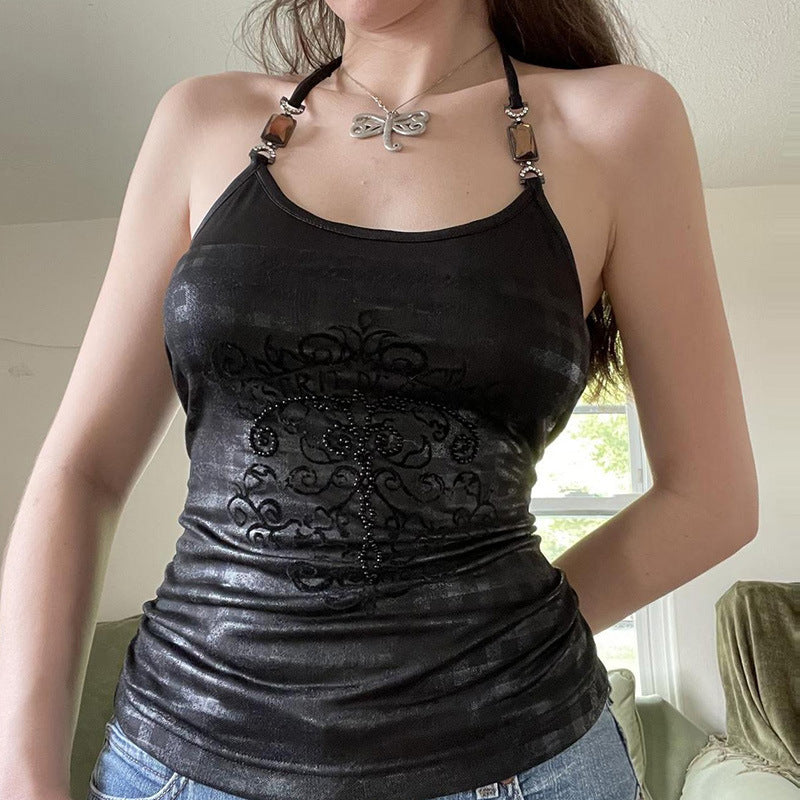 Rhinestone Letter Print Backless Top