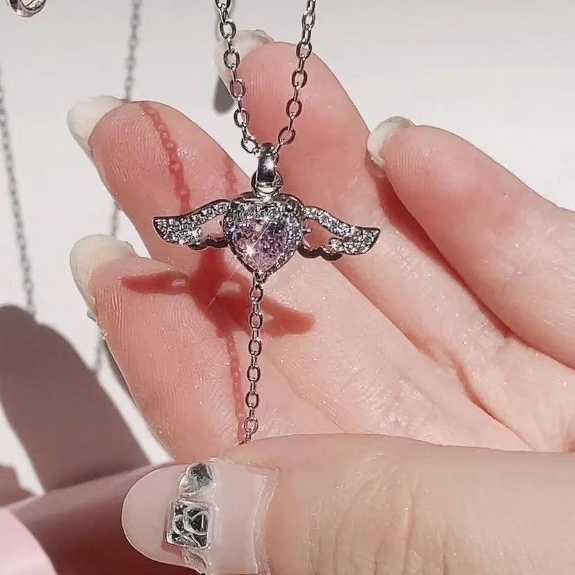 Moving Cupid Heart Angel Wings Tassel Necklace With Crystal