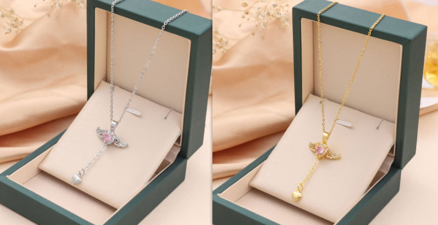 Moving Cupid Heart Angel Wings Tassel Necklace With Crystal