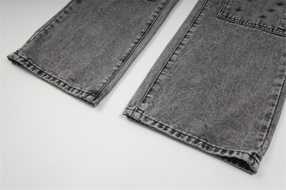 Heavy Industry Washed And Worn Denim Cargo Pants Retro Loose Wide Leg Straight Mop Trousers