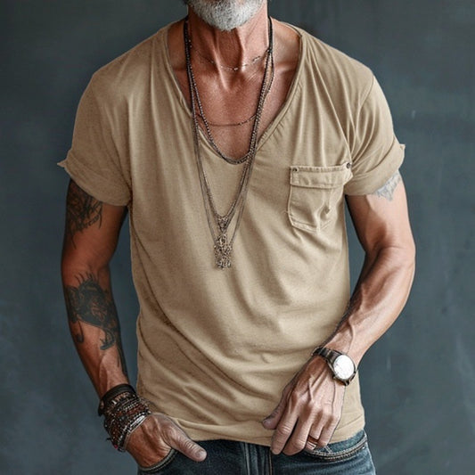 Men's Pocket T-shirt Cross V-neck Solid Color Plus Size Casual Short Sleeve
