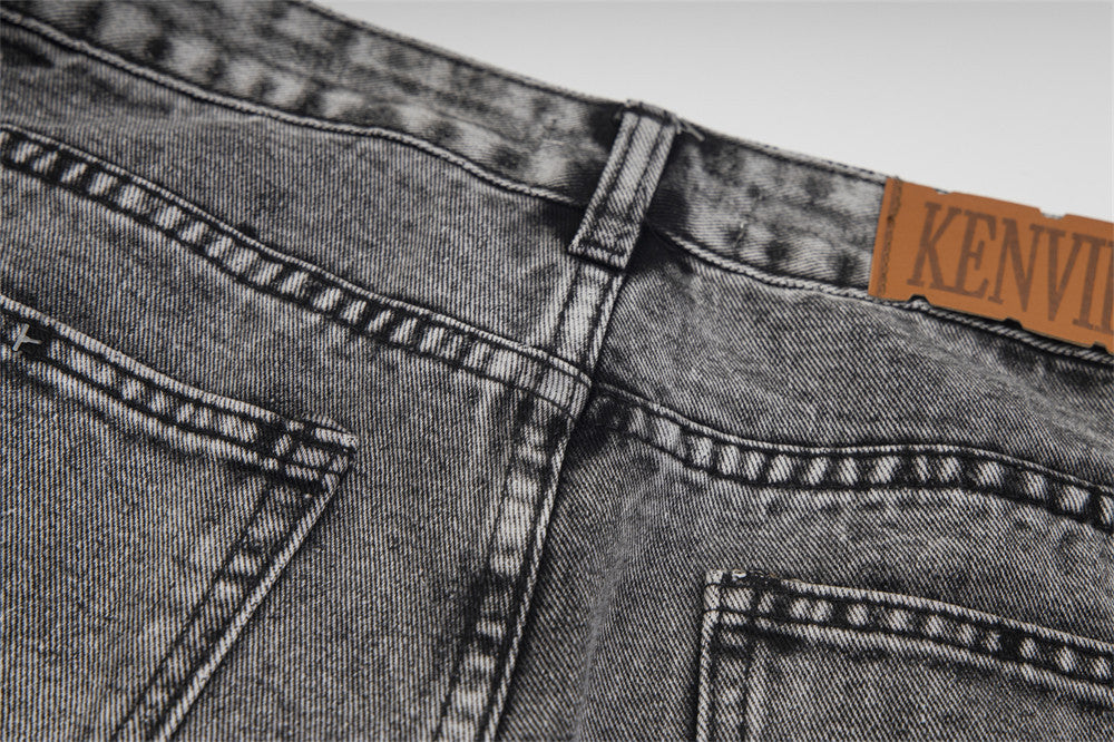 Heavy Industry Washed And Worn Denim Cargo Pants Retro Loose Wide Leg Straight Mop Trousers