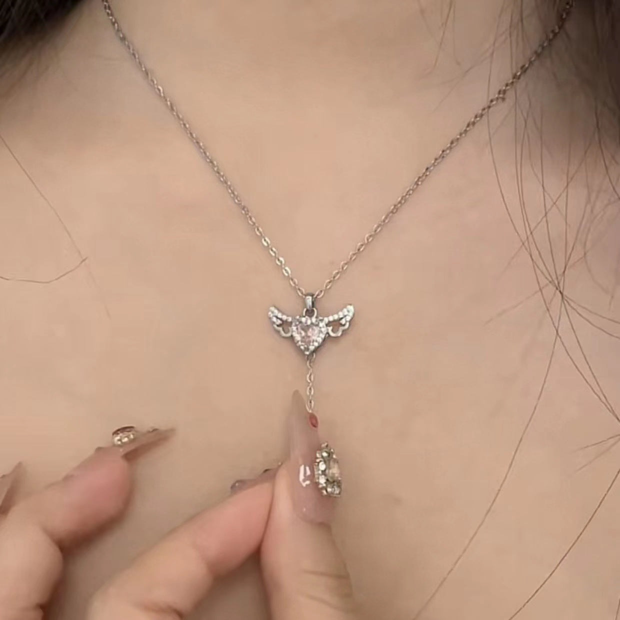 Moving Cupid Heart Angel Wings Tassel Necklace With Crystal