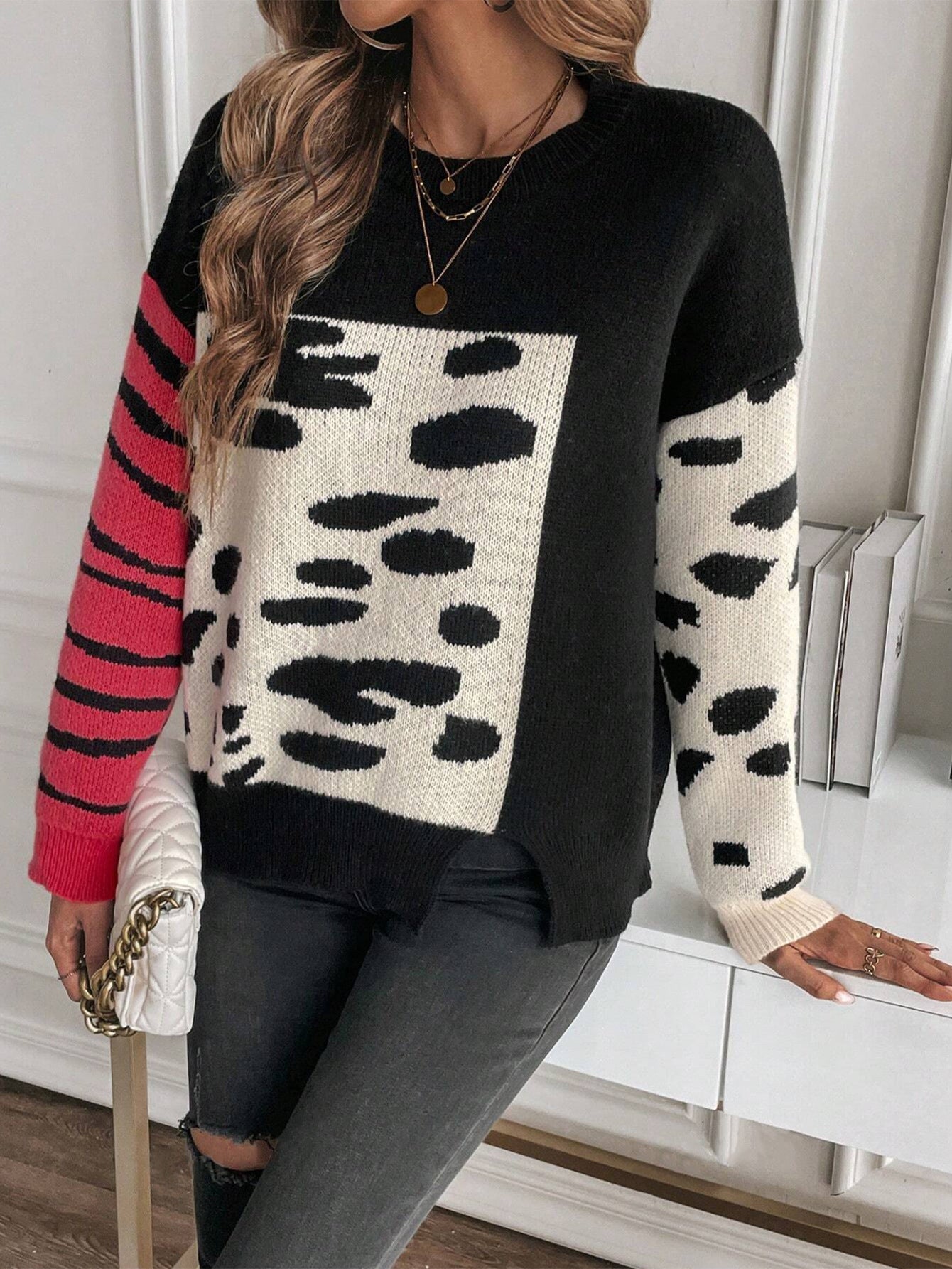 Threaded Round Neck Leopard Splicing Contrast Color Casual Sweater